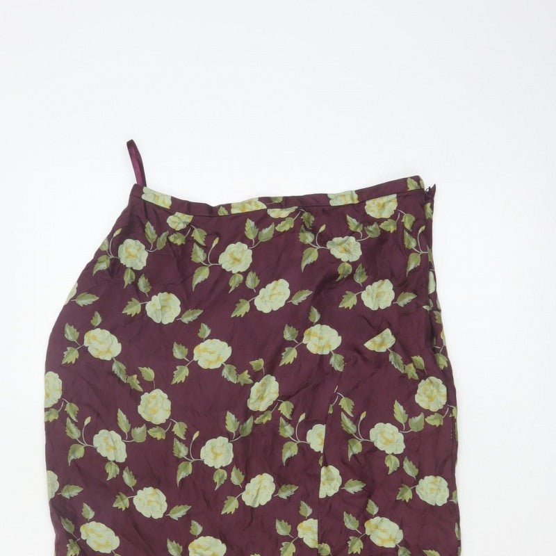 Whistles Women Purple Floral Silk Lace Trim Trumpet Midi Skirt UK 10