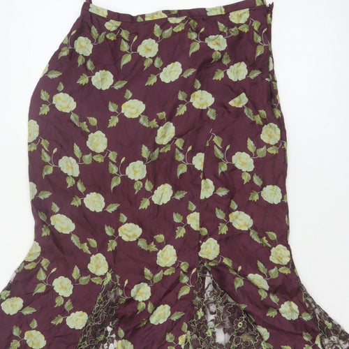 Whistles Women Purple Floral Silk Lace Trim Trumpet Midi Skirt UK 10