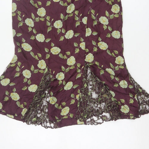 Whistles Women Purple Floral Silk Lace Trim Trumpet Midi Skirt UK 10