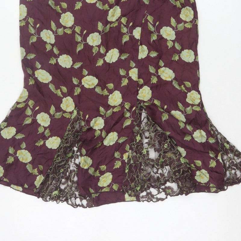 Whistles Women Purple Floral Silk Lace Trim Trumpet Midi Skirt UK 10