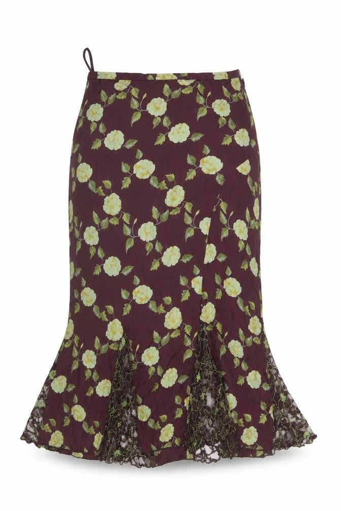 Whistles Women Purple Floral Silk Lace Trim Trumpet Midi Skirt UK 10
