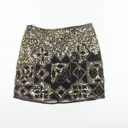 Miss Selfridge Women Black Gold Sequin Beaded Mini Party Skirt UK 8