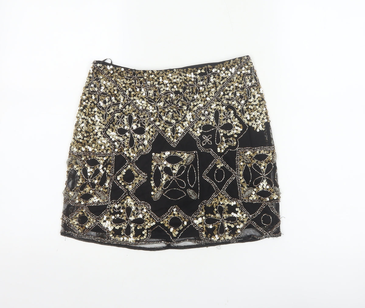 Miss Selfridge Women Black Gold Sequin Beaded Mini Party Skirt UK 8