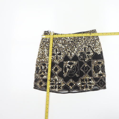 Miss Selfridge Women Black Gold Sequin Beaded Mini Party Skirt UK 8