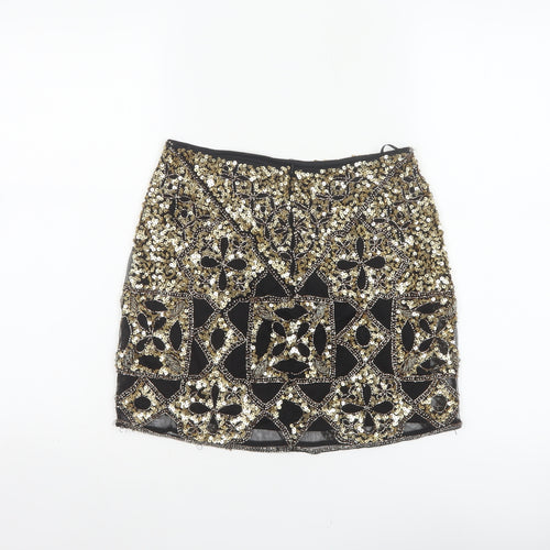 Miss Selfridge Women Black Gold Sequin Beaded Mini Party Skirt UK 8