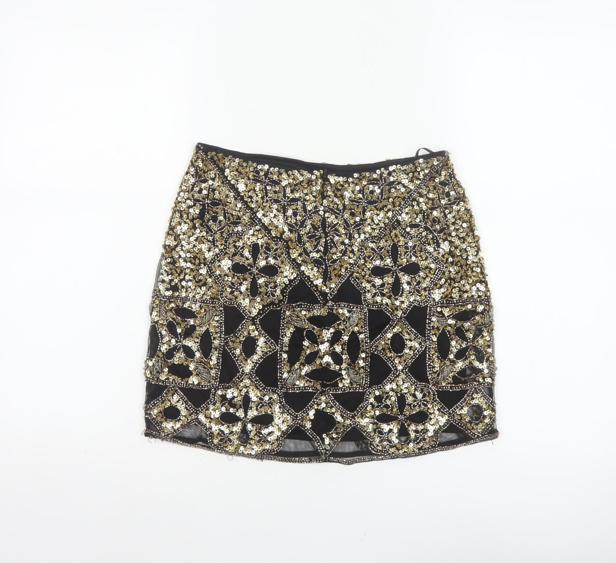 Miss Selfridge Women Black Gold Sequin Beaded Mini Party Skirt UK 8
