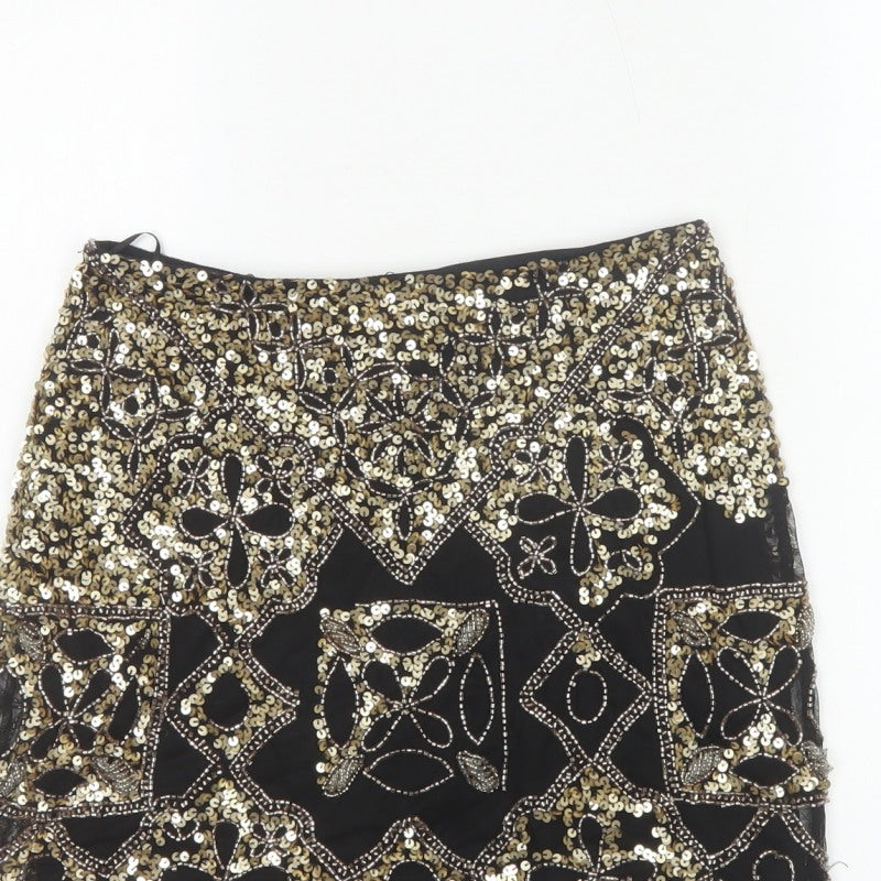 Miss Selfridge Women Black Gold Sequin Beaded Mini Party Skirt UK 8