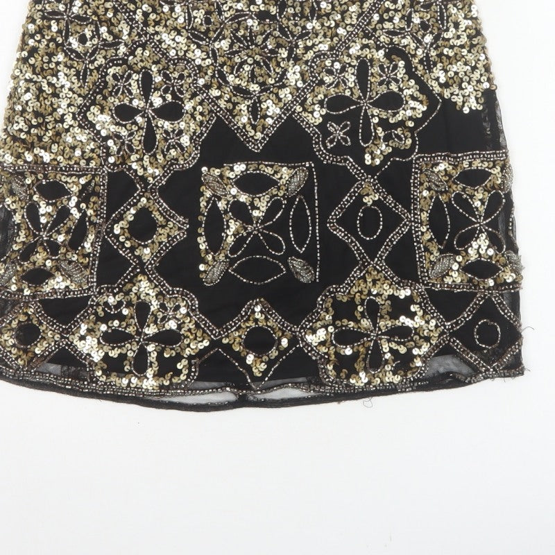 Miss Selfridge Women Black Gold Sequin Beaded Mini Party Skirt UK 8