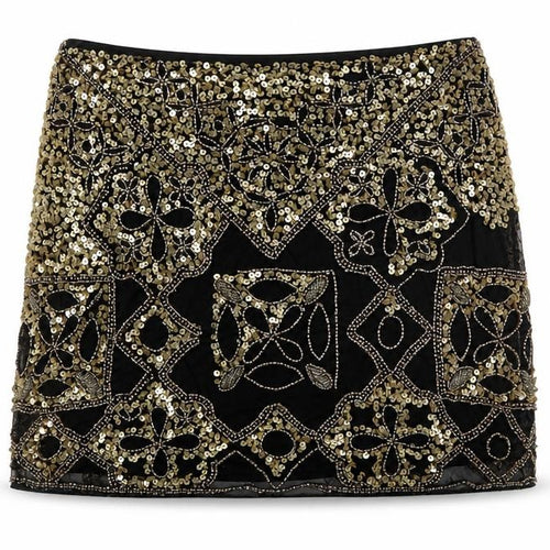 Miss Selfridge Women Black Gold Sequin Beaded Mini Party Skirt UK 8