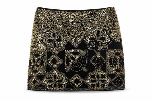 Miss Selfridge Women Black Gold Sequin Beaded Mini Party Skirt UK 8
