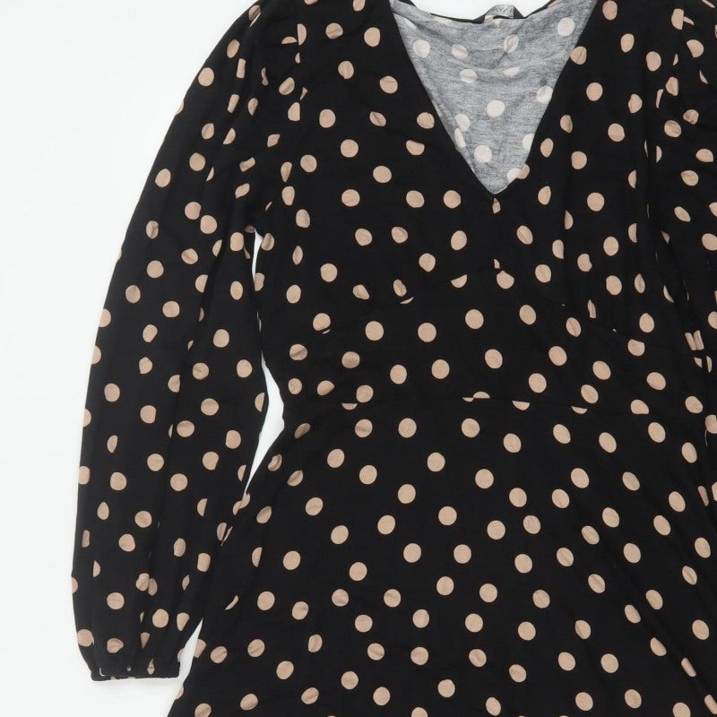 Roman Women Black Beige Polka Dot Fit & Flare Knee Dress UK 12