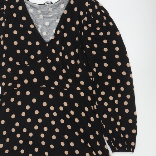 Roman Women Black Beige Polka Dot Fit & Flare Knee Dress UK 12