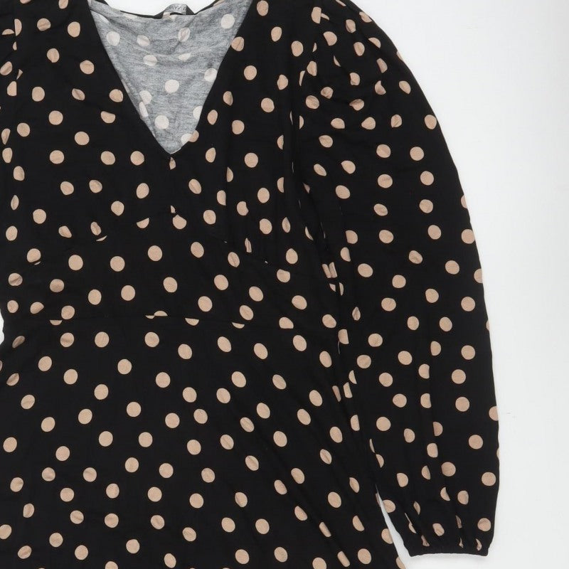 Roman Women Black Beige Polka Dot Fit & Flare Knee Dress UK 12