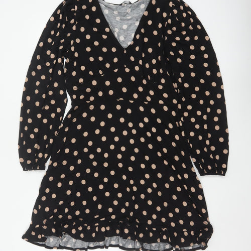 Roman Women Black Beige Polka Dot Fit & Flare Knee Dress UK 12