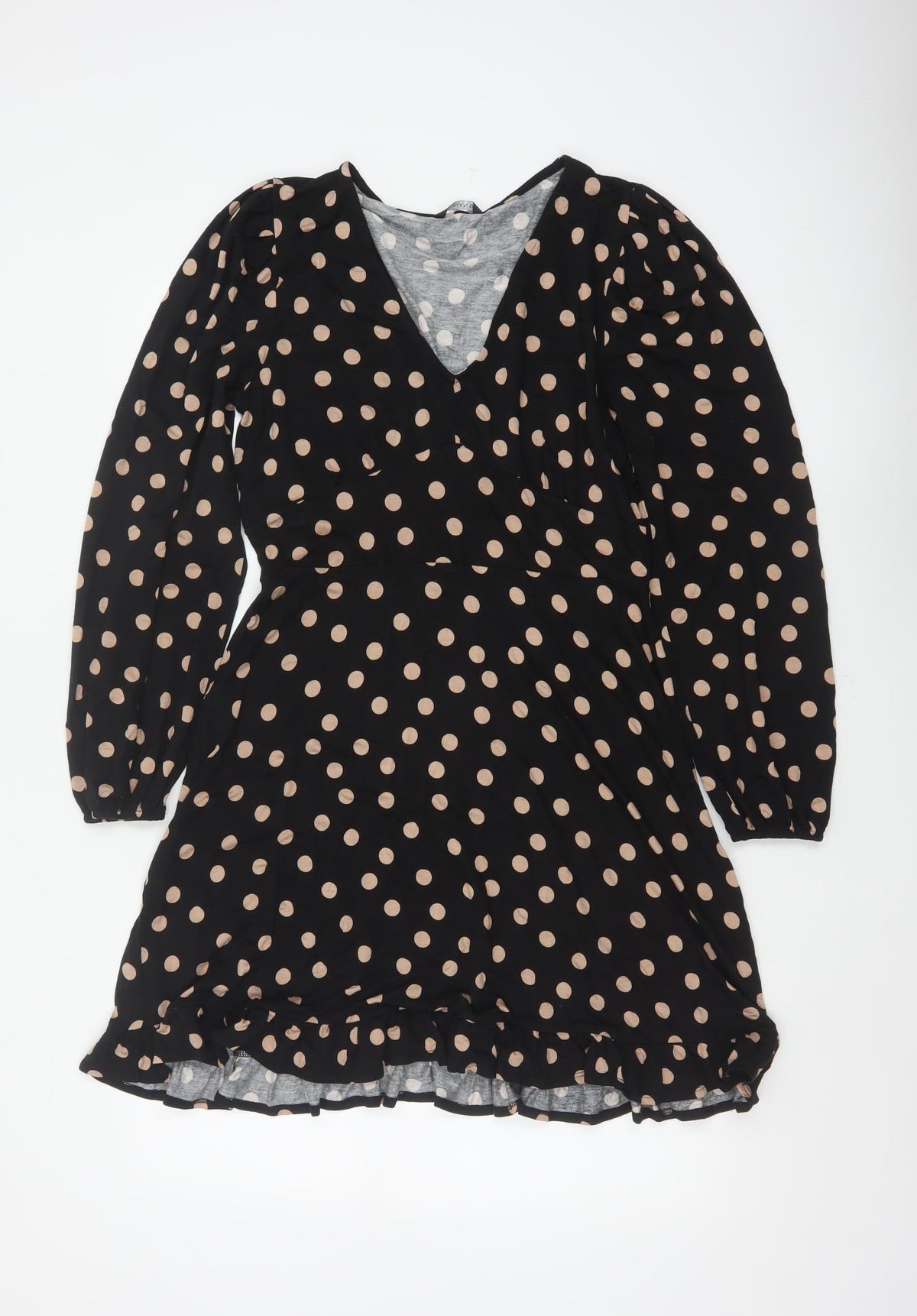 Roman Women Black Beige Polka Dot Fit & Flare Knee Dress UK 12