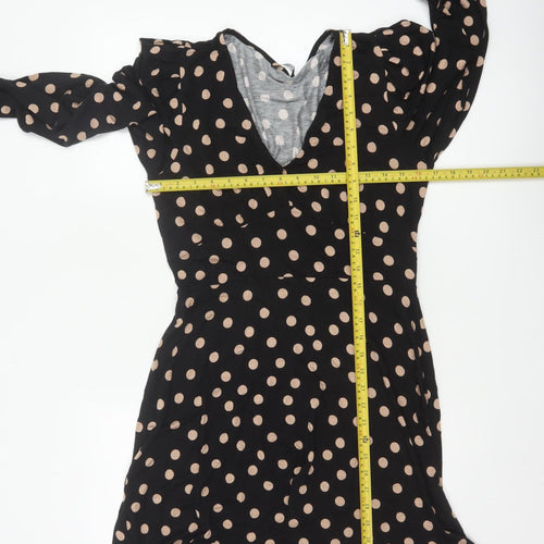 Roman Women Black Beige Polka Dot Fit & Flare Knee Dress UK 12