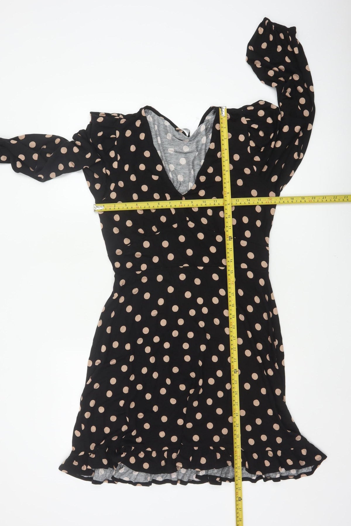 Roman Women Black Beige Polka Dot Fit & Flare Knee Dress UK 12