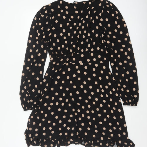 Roman Women Black Beige Polka Dot Fit & Flare Knee Dress UK 12