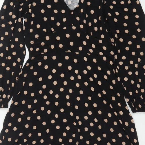 Roman Women Black Beige Polka Dot Fit & Flare Knee Dress UK 12