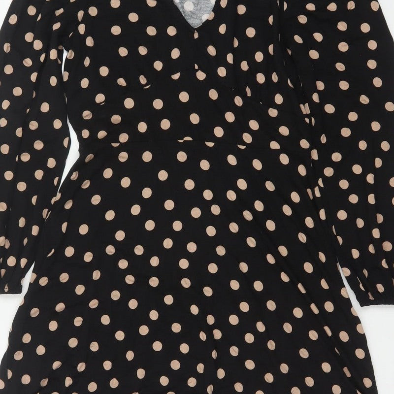 Roman Women Black Beige Polka Dot Fit & Flare Knee Dress UK 12