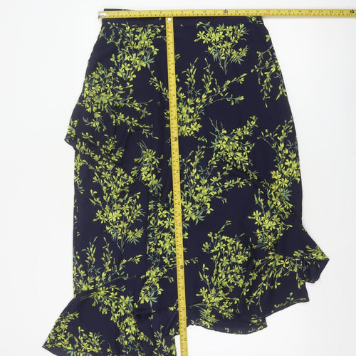 Warehouse Women Blue Floral Wrap Ruffle Asymmetric Long Skirt UK 14