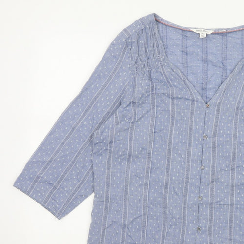 White Stuff Women Blue UK 16 Striped Cotton Button-Up V-Neck Blouse