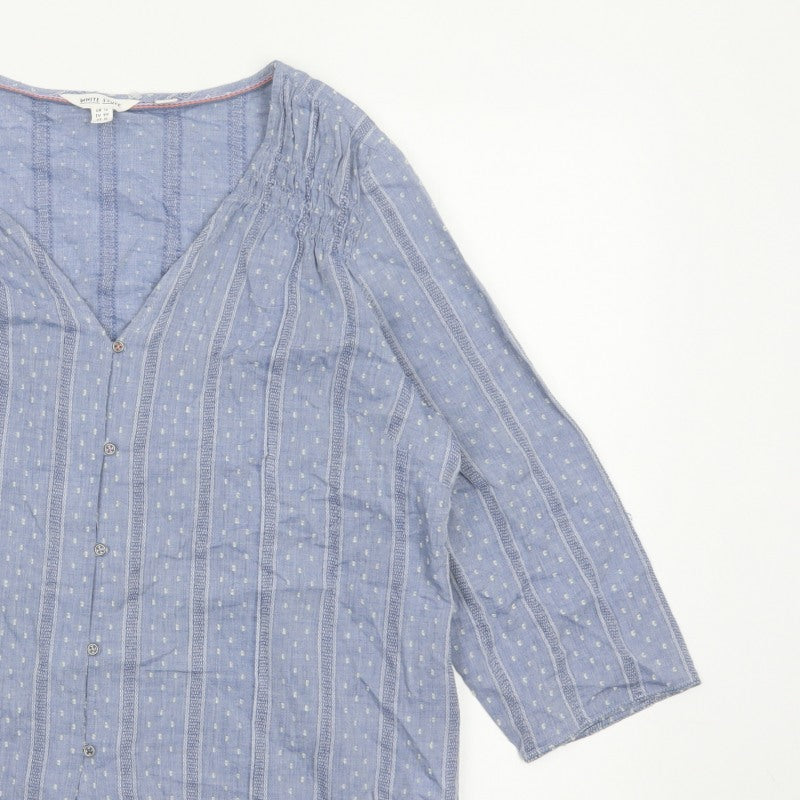 White Stuff Women Blue UK 16 Striped Cotton Button-Up V-Neck Blouse