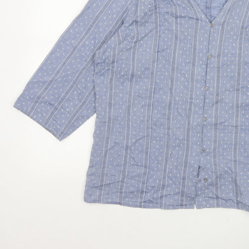 White Stuff Women Blue UK 16 Striped Cotton Button-Up V-Neck Blouse