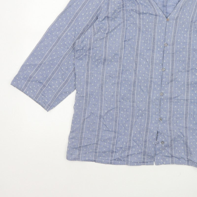 White Stuff Women Blue UK 16 Striped Cotton Button-Up V-Neck Blouse