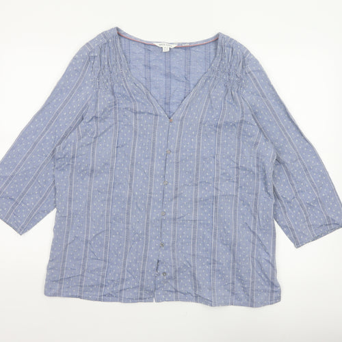 White Stuff Women Blue UK 16 Striped Cotton Button-Up V-Neck Blouse