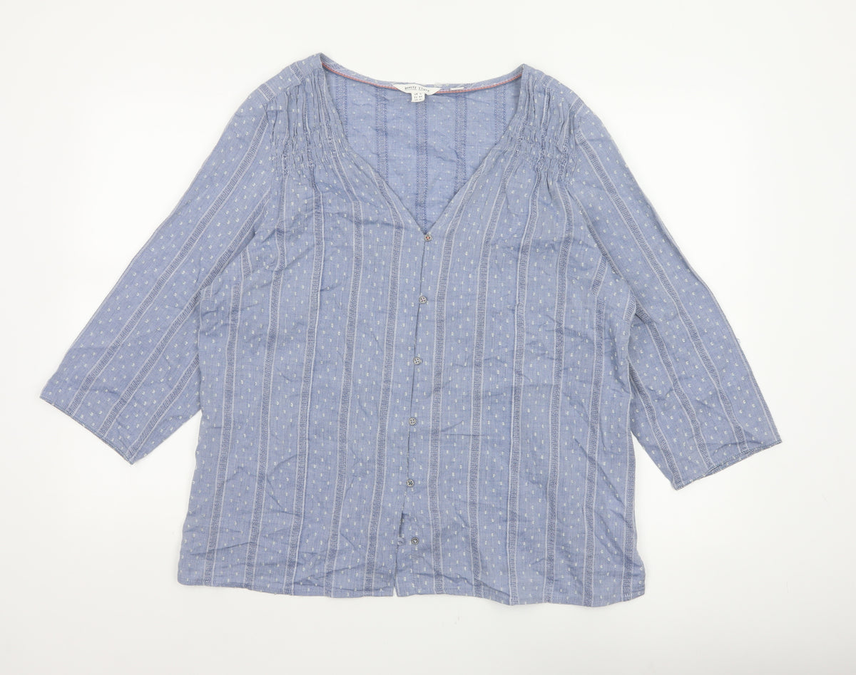 White Stuff Women Blue UK 16 Striped Cotton Button-Up V-Neck Blouse