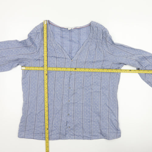 White Stuff Women Blue UK 16 Striped Cotton Button-Up V-Neck Blouse