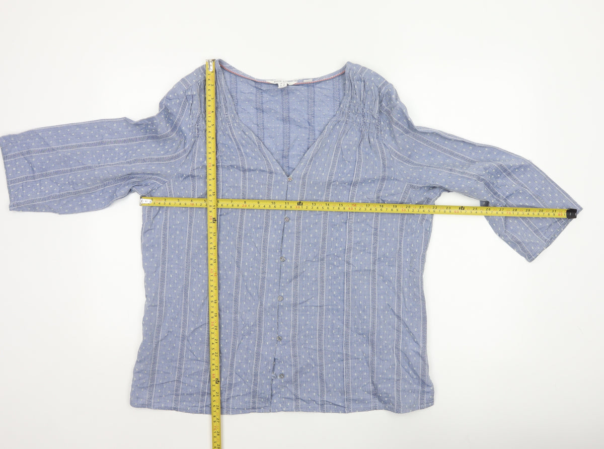White Stuff Women Blue UK 16 Striped Cotton Button-Up V-Neck Blouse