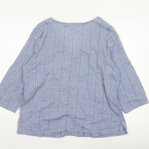 White Stuff Women Blue UK 16 Striped Cotton Button-Up V-Neck Blouse