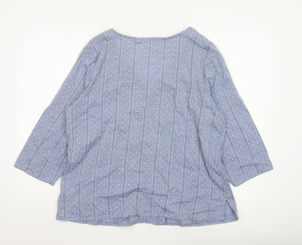 White Stuff Women Blue UK 16 Striped Cotton Button-Up V-Neck Blouse