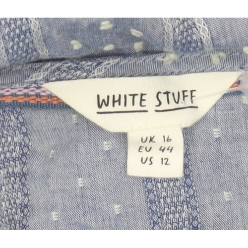 White Stuff Women Blue UK 16 Striped Cotton Button-Up V-Neck Blouse