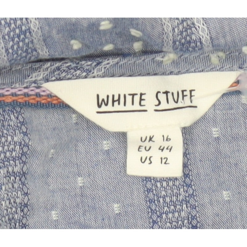 White Stuff Women Blue UK 16 Striped Cotton Button-Up V-Neck Blouse