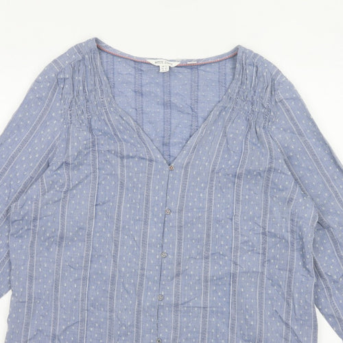 White Stuff Women Blue UK 16 Striped Cotton Button-Up V-Neck Blouse
