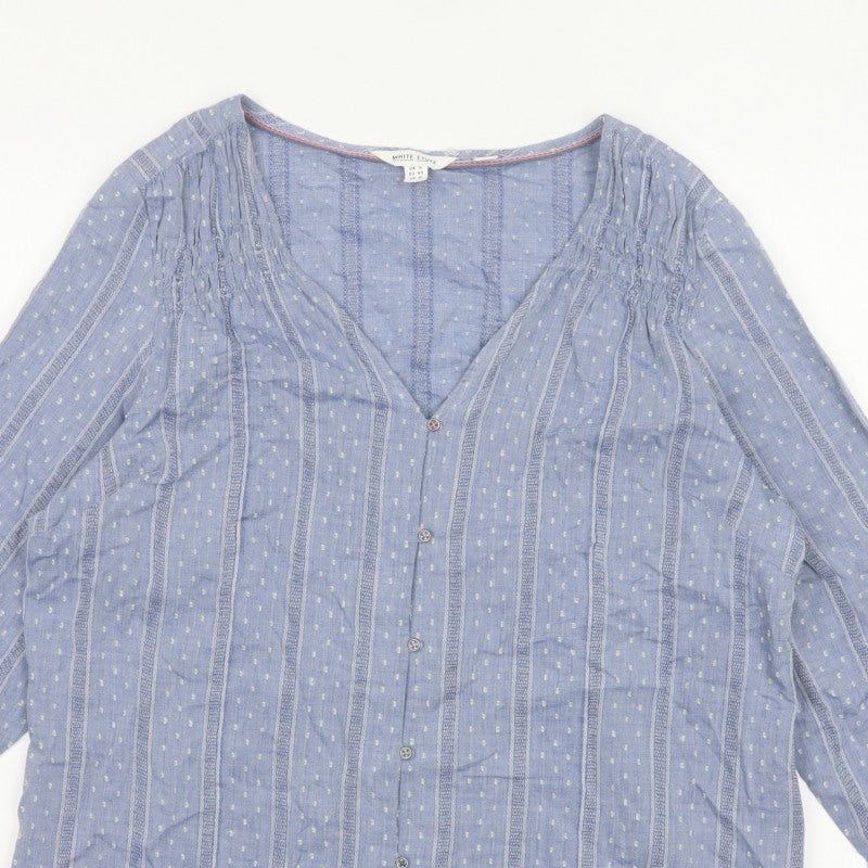 White Stuff Women Blue UK 16 Striped Cotton Button-Up V-Neck Blouse