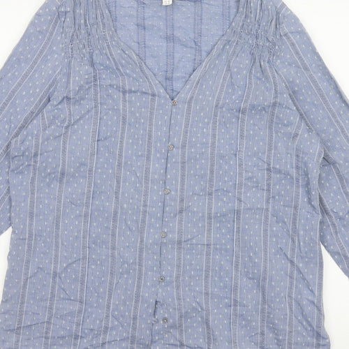 White Stuff Women Blue UK 16 Striped Cotton Button-Up V-Neck Blouse