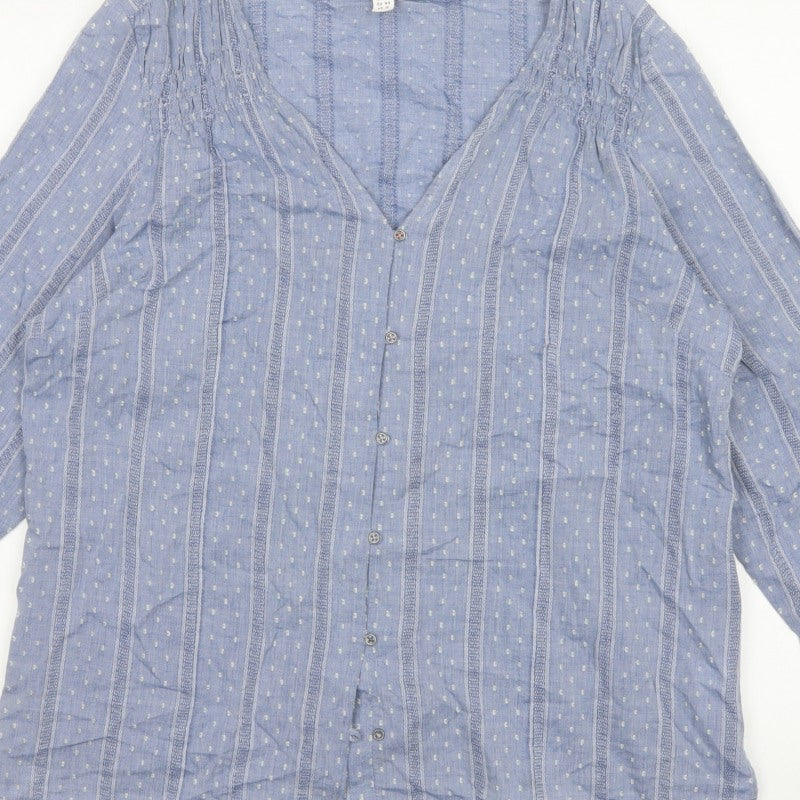 White Stuff Women Blue UK 16 Striped Cotton Button-Up V-Neck Blouse