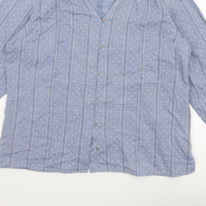 White Stuff Women Blue UK 16 Striped Cotton Button-Up V-Neck Blouse