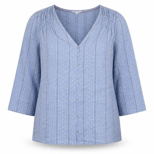 White Stuff Women Blue UK 16 Striped Cotton Button-Up V-Neck Blouse