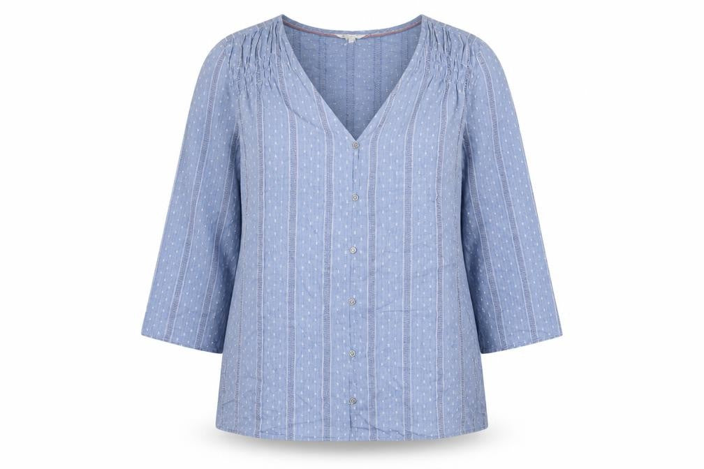 White Stuff Women Blue UK 16 Striped Cotton Button-Up V-Neck Blouse
