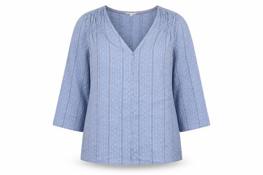 White Stuff Women Blue UK 16 Striped Cotton Button-Up V-Neck Blouse