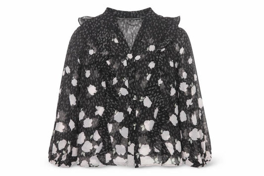 Mint Velvet Women’s Black Floral Chiffon Blouse Size 10 V-Neck