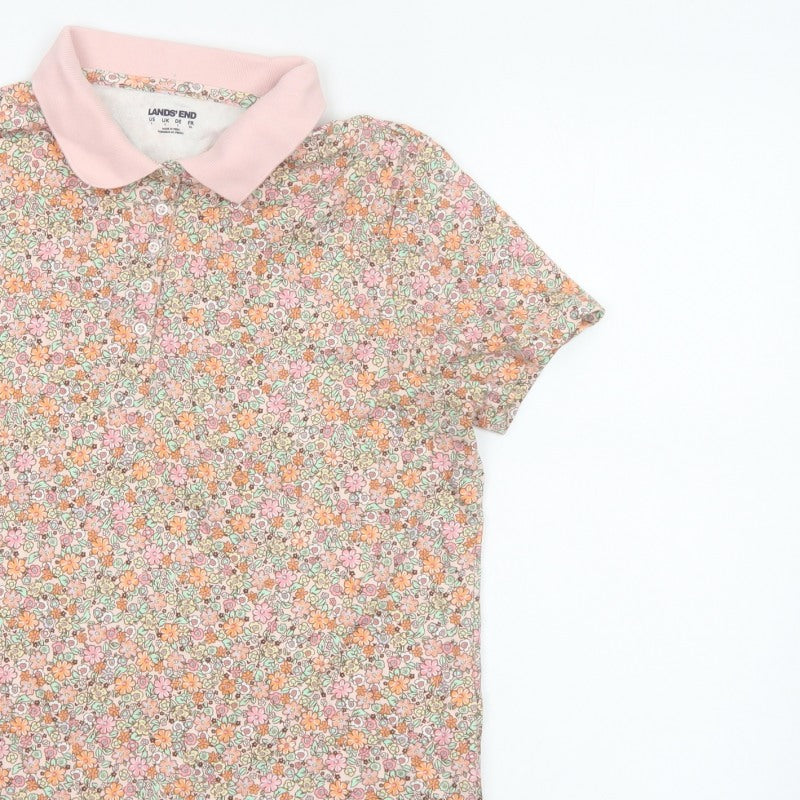 Lands' End Women’s Multicoloured Floral Cotton Polo Top Size L