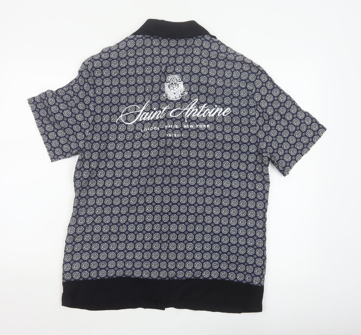 Brand and care label for River Island Men’s Blue M Geometric Print Short Sleeve Button-Up Shirt