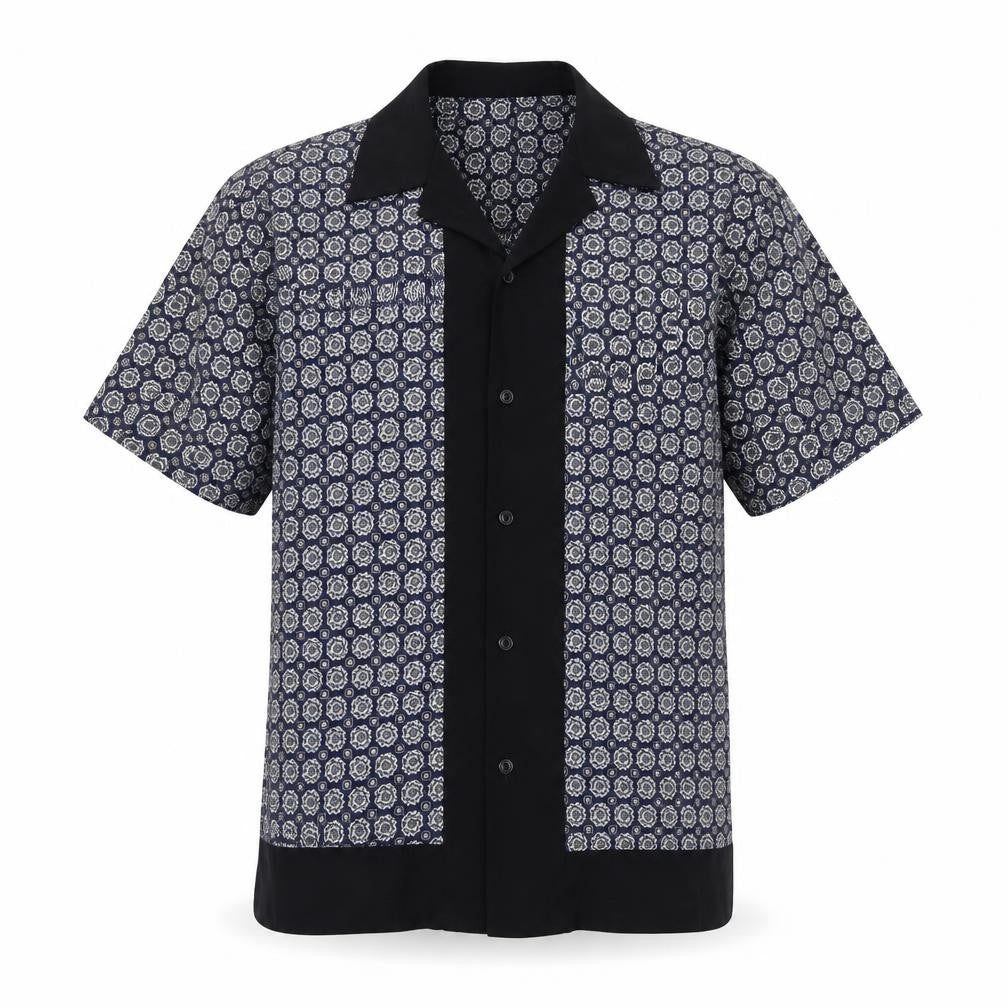 Front view of River Island Men’s Blue M Geometric Print Short Sleeve Button-Up Shirt