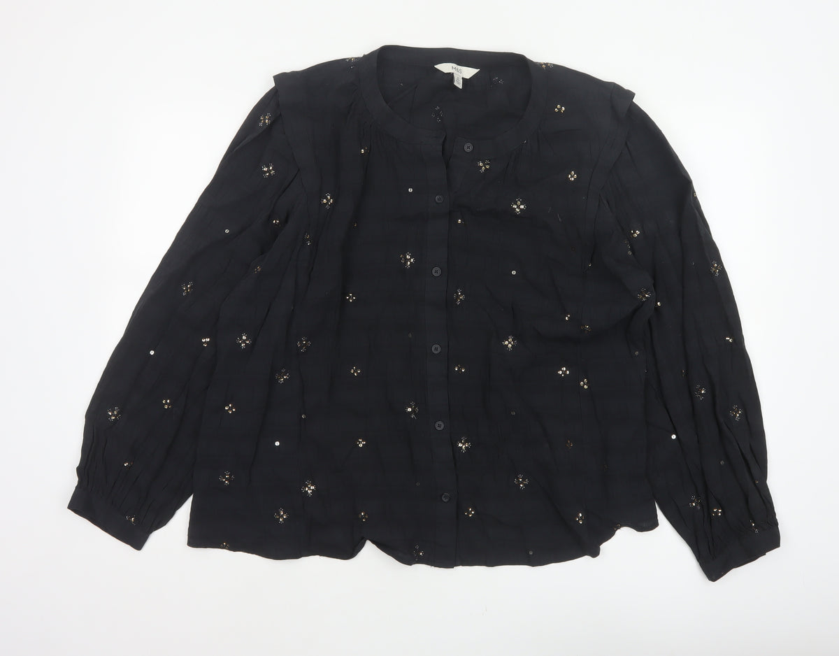 Marks and Spencer Women Black UK 20 Sequin Floral Button-Up Blouse